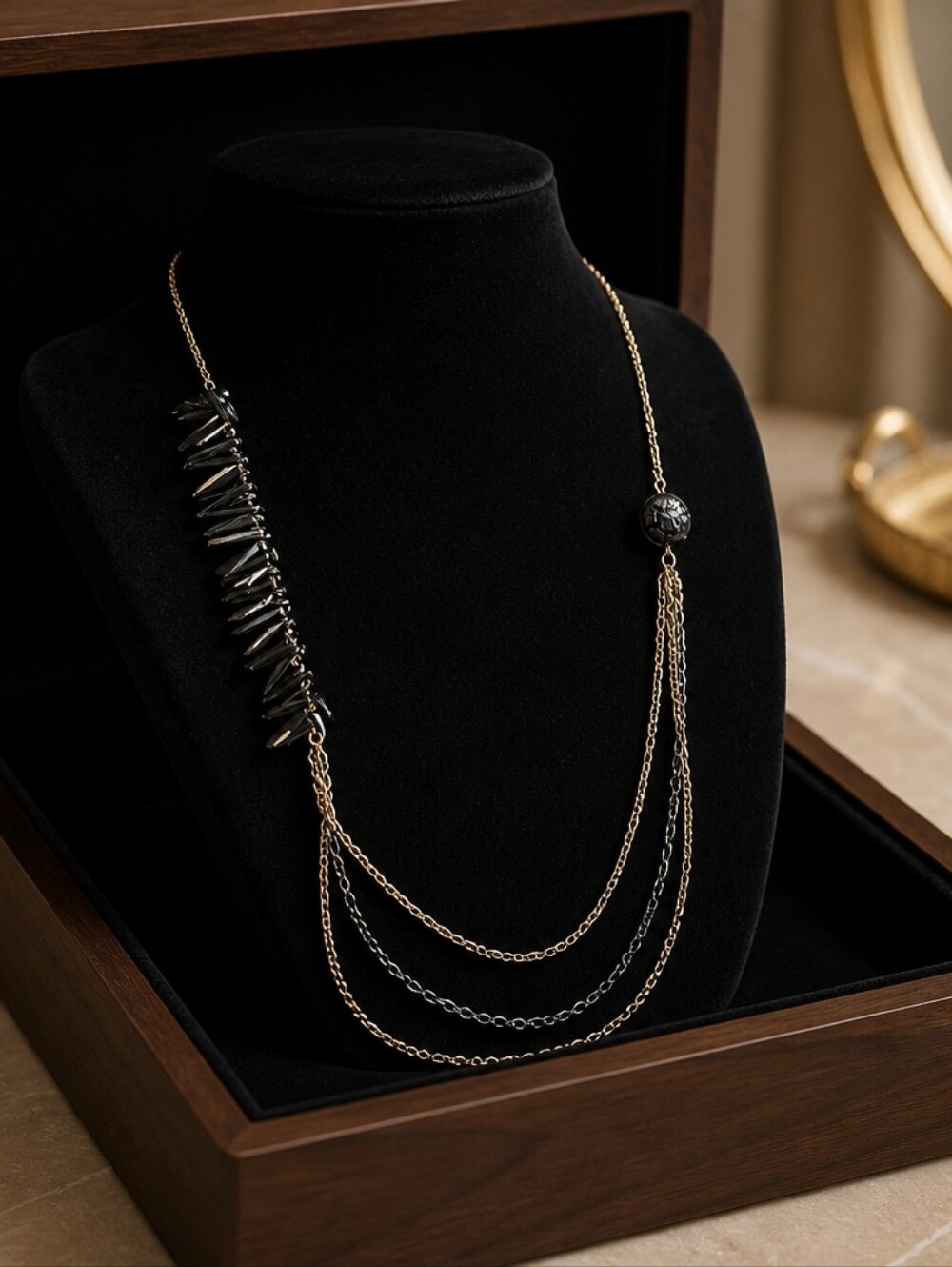 Gold and Black Multi-Chain Women’s Necklace with Black Bead Accent